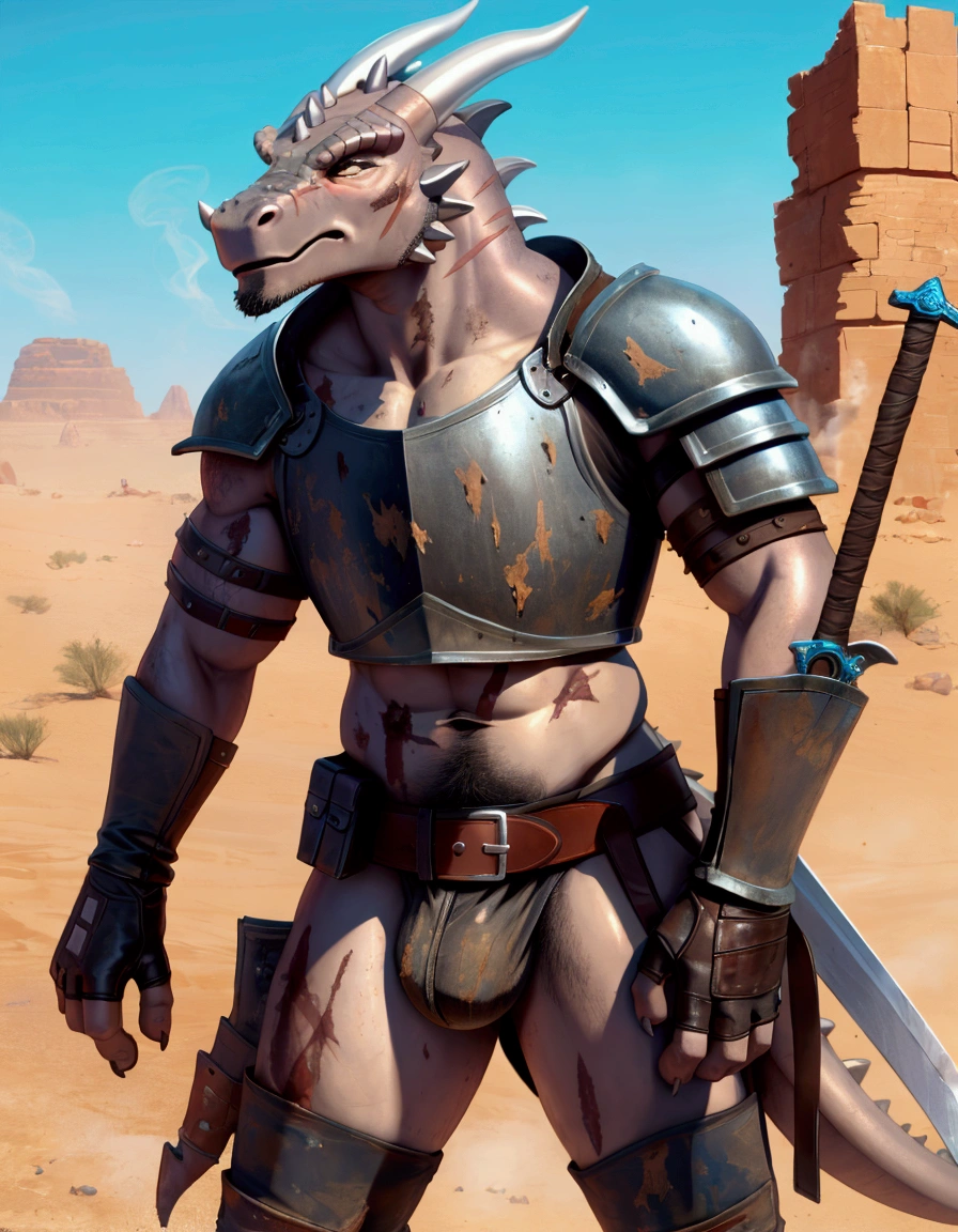 Solo  anthro scalie dragon male mercenary medieval solider, slim endomorph muscular handsone model male apperance, sword scars, worn out rusty skimpy armament, low on hips heavy leather belt, old very worn out skimpy dirty linen material jockstrap, old yellow dirty worn out stains on white jockstrap, studded skimpy armlets breastplate armor, skimpy breastplate, leather bondages, fingerless leather gloves, smelly unwashed husk, dirty body look, desert battlefield, standing in sexyhting position, close view of full character