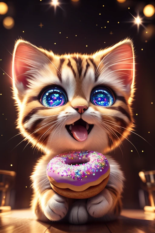 (Highest quality、masterpiece、8k))、Anatomically correct、Very detailed、High resolution、Realistic、((Beautiful, sparkling, detailed eyes))、Intricate details、Cinematic lighting、((Dynamic composition))、kitten、Big head、Eating a donut、Mister Donut、The delicious feeling explodes