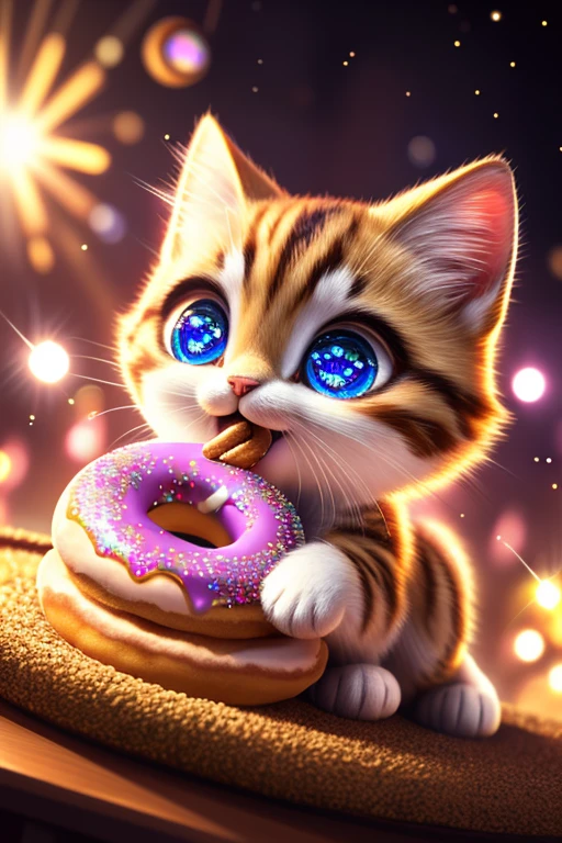 (Highest quality、masterpiece、8k))、Anatomically correct、Very detailed、High resolution、Realistic、((Beautiful, sparkling, detailed eyes))、Intricate details、Cinematic lighting、((Dynamic composition))、kitten、Big head、Eating a donut、Mister Donut、The delicious feeling explodes