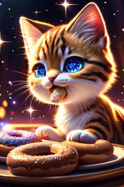 (Highest quality、masterpiece、8k))、Anatomically correct、Very detailed、High resolution、Realistic、((Beautiful, sparkling, detailed eyes))、Intricate details、Cinematic lighting、((Dynamic composition))、kitten、Big head、Eating a donut、Mister Donut、The delicious feeling explodes