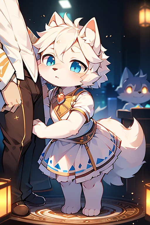 （shy），short white haired,( big blue eyes),anthropomorphic standing furry little wolf,((full body furry)), cute,(head bust close-up),Beautiful lights and shadows,delicate eyes,were white skirt，8k, highres, masterpiece, usharp focus, extreme detail description, professional, vivid colors, bokeh