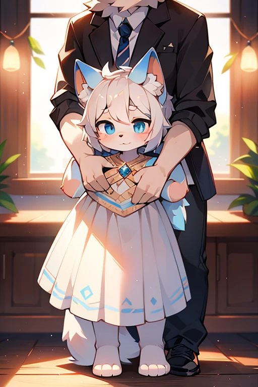 short white haired,( big blue eyes),anthropomorphic standing furry little wolf,((full body furry)), cute,(head bust close-up),Beautiful lights and shadows,delicate eyes,were white skirt，8k, highres, masterpiece, usharp focus, extreme detail description, professional, vivid colors, bokeh
