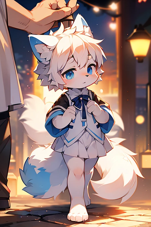 (shy),short white haired,( big blue eyes),anthropomorphic standing furry little wolf,((full body furry)), cute,(head bust close-up),Beautiful lights and shadows,delicate eyes,were white skirt,8k, highres, masterpiece, usharp focus, extreme detail description, professional, vivid colors, bokeh