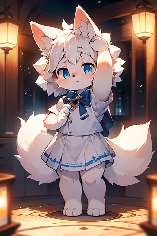 short white haired,( big blue eyes),anthropomorphic standing furry little wolf,((full body furry)), cute,(head bust close-up),Beautiful lights and shadows,delicate eyes,were white skirt，8k, highres, masterpiece, usharp focus, extreme detail description, professional, vivid colors, bokeh