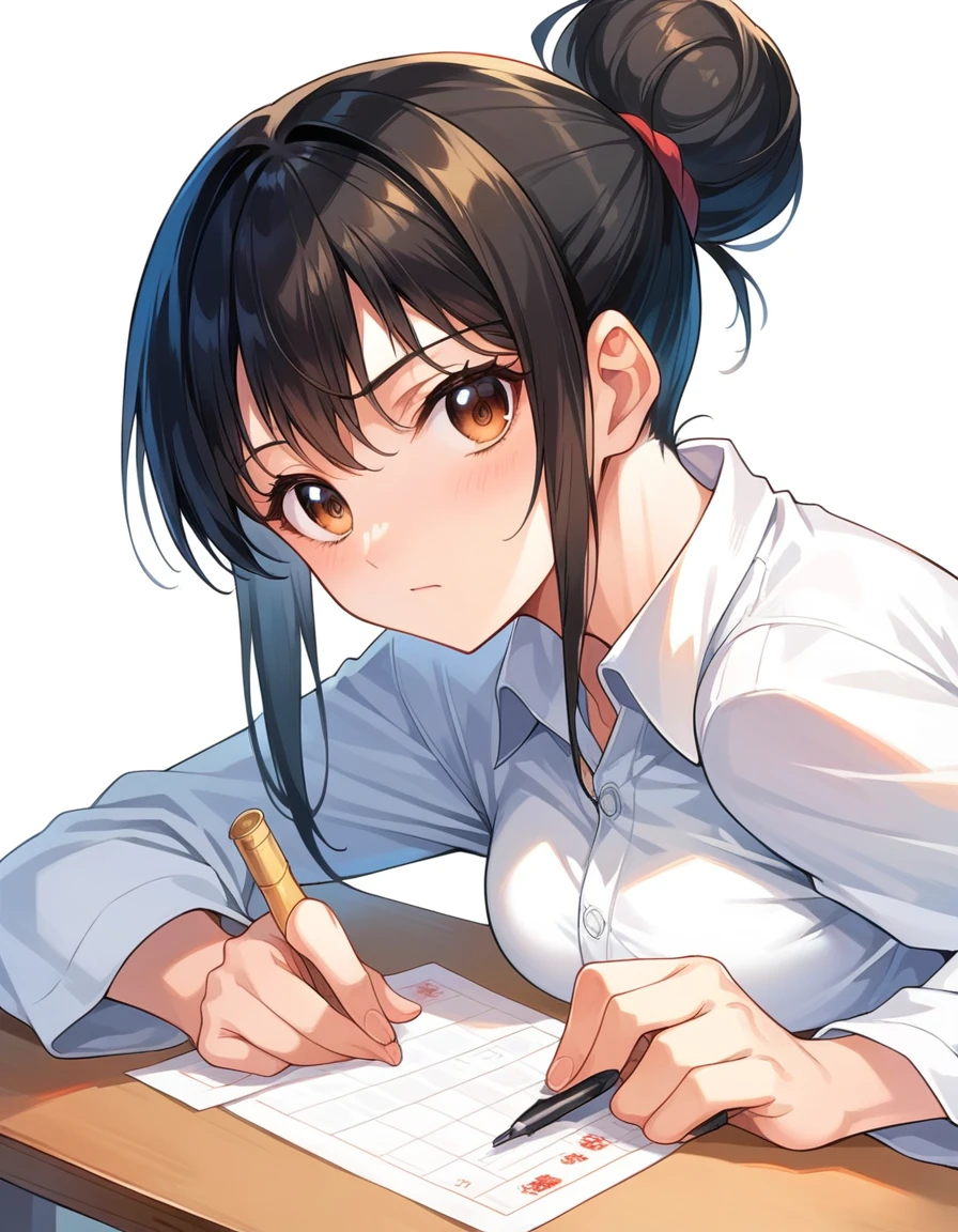 masterpiece, best quality, extremely detailed, anime,A style with a comedic touch,Girl, bun hair, black hair, (playing mahjong), 14 mahjong tiles opened,high score role completed, confident expression, mahjong play table,