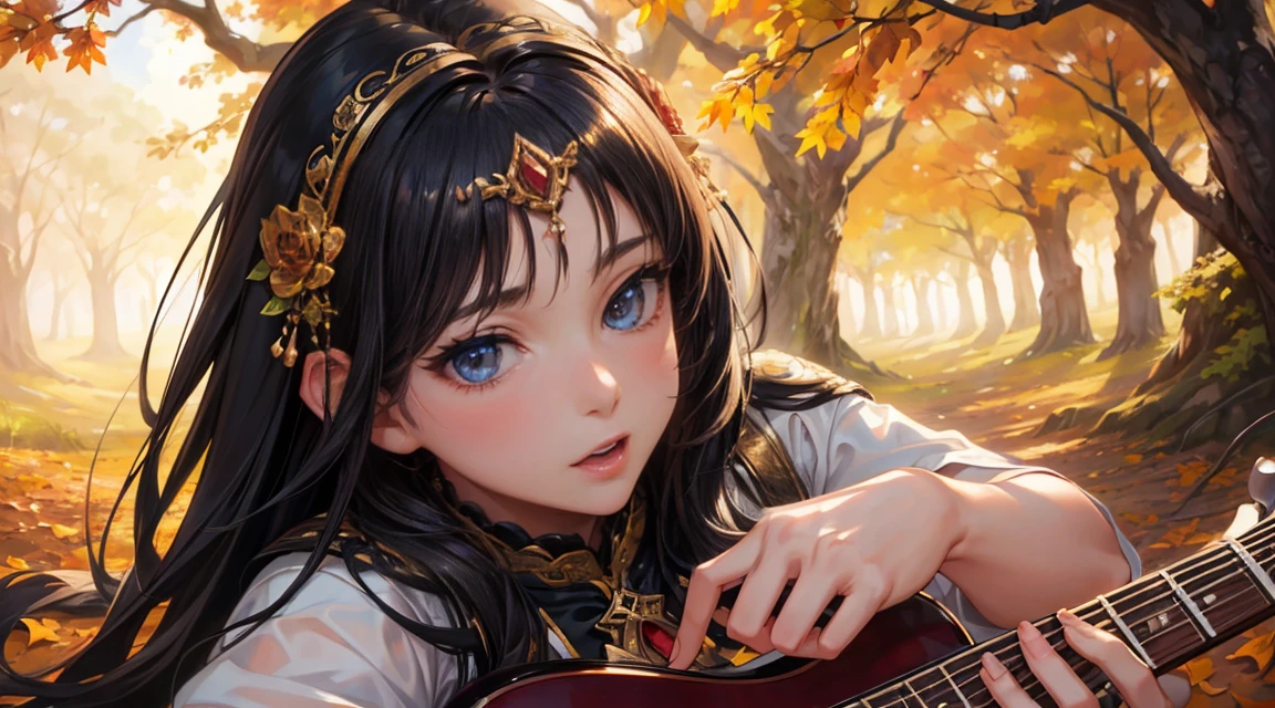 (Better Quality,4K,High resolution:1.2),Ultra-detailed,Realist,Beautiful and fine details,Beautiful lip detail,Highly detailed eyes and face,Long eyelashes,1 female,Woman sitting on a tree trunk playing guitar,autumn's,Fallen leaves,Light and Shadow of the Movie,khd,photoRealist:Bright colors:1.1,Bright leaves:1.1,natural backlight:1.1,Calm expression,Soft and warm sunlight,Happy atmosphere,rich vegetation,Melodic Voice,Microphone in hand,Flowing green dress,Loose, flowing hair,Floating notes,Mike stand,Increased contrast:1.1,Dynamic pose,Smooth bokeh:1.1