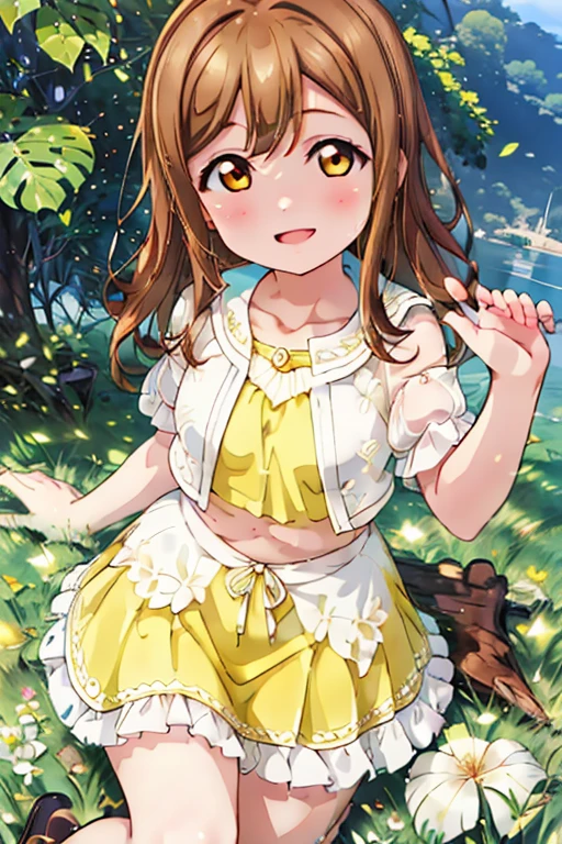 (Highest quality、masterpiece:1.2)、One Girl、alone、anime、animeScreencap、Light Racing、Global Illumination、ultra hi resolution picture、Bright colors、Cinematic Light、Light on the face、Glowing Eyes、Depth of written boundary、Detailed Background、cute、Straight、smile、looking at the camera、Hanamaru the kunikida、lovelive、cute、Yellow Bikini、Brown Hair、Golden Eyes、whole body、Outdoor、Ocean、Sandy Beach