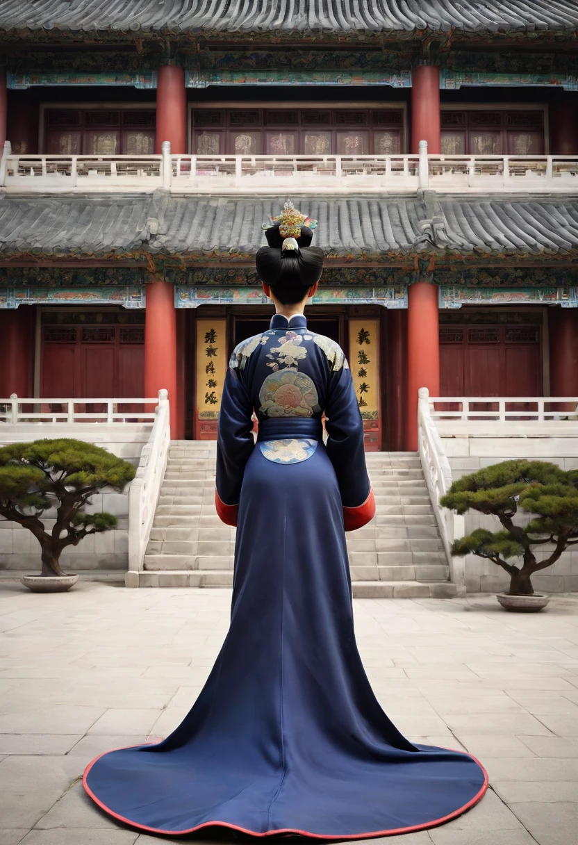 The figure of the Empress of the Qing Dynasty in China, seen from behind. The Empress's large breasts and large bare buttocks are visible as her loincloth has slipped off. Her hair is tied up and pulled up, with a gorgeous flower ornament on both sides.、Chinese style Qing Dynasty empress crown background on stone pavement outside the Chinese palace of the Qing Dynasty