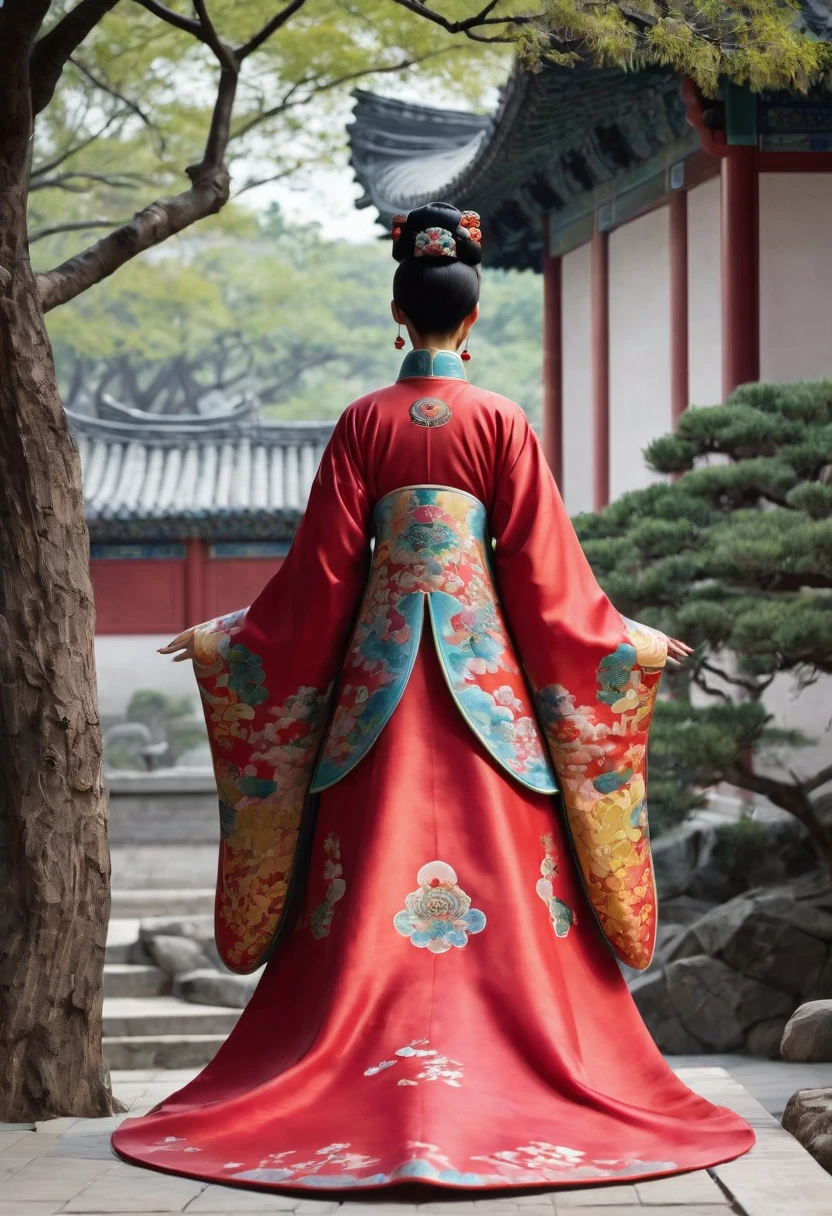 The figure of the Empress of the Qing Dynasty in China, seen from behind. The Empress's large breasts and large bare buttocks are visible as her loincloth has slipped off. Her hair is tied up and pulled up, with a gorgeous flower ornament on both sides.、Chinese style Qing Dynasty empress crown background on stone pavement outside the Chinese palace of the Qing Dynasty