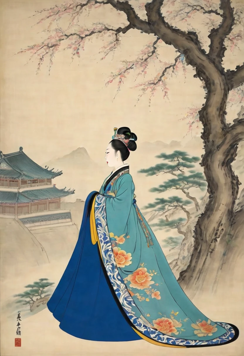 The figure of the Empress of the Qing Dynasty in China, seen from behind. The Empress's large breasts and large bare buttocks are visible as her loincloth has slipped off. Her hair is tied up and pulled up, with a gorgeous flower ornament on both sides.、Chinese style Qing Dynasty empress crown background on stone pavement outside the Chinese palace of the Qing Dynasty