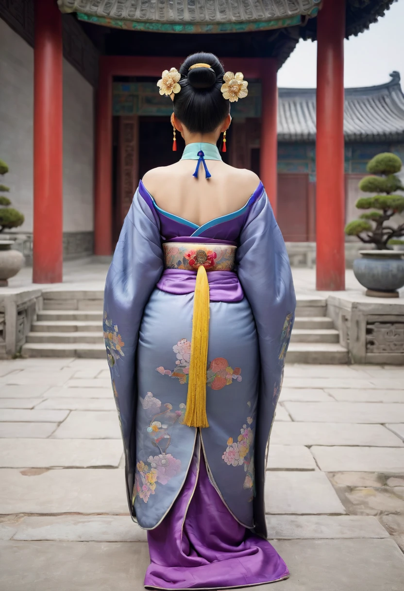 The image shows the back view of the empress of the Qing dynasty in China. Her large breasts and large bare buttocks are visible as her loincloth has slipped off. Her hair is tied up and pulled up, with a gorgeous flower ornament on both sides.、Chinese style Qing Dynasty empress crown background on stone pavement outside the Chinese palace of the Qing Dynasty