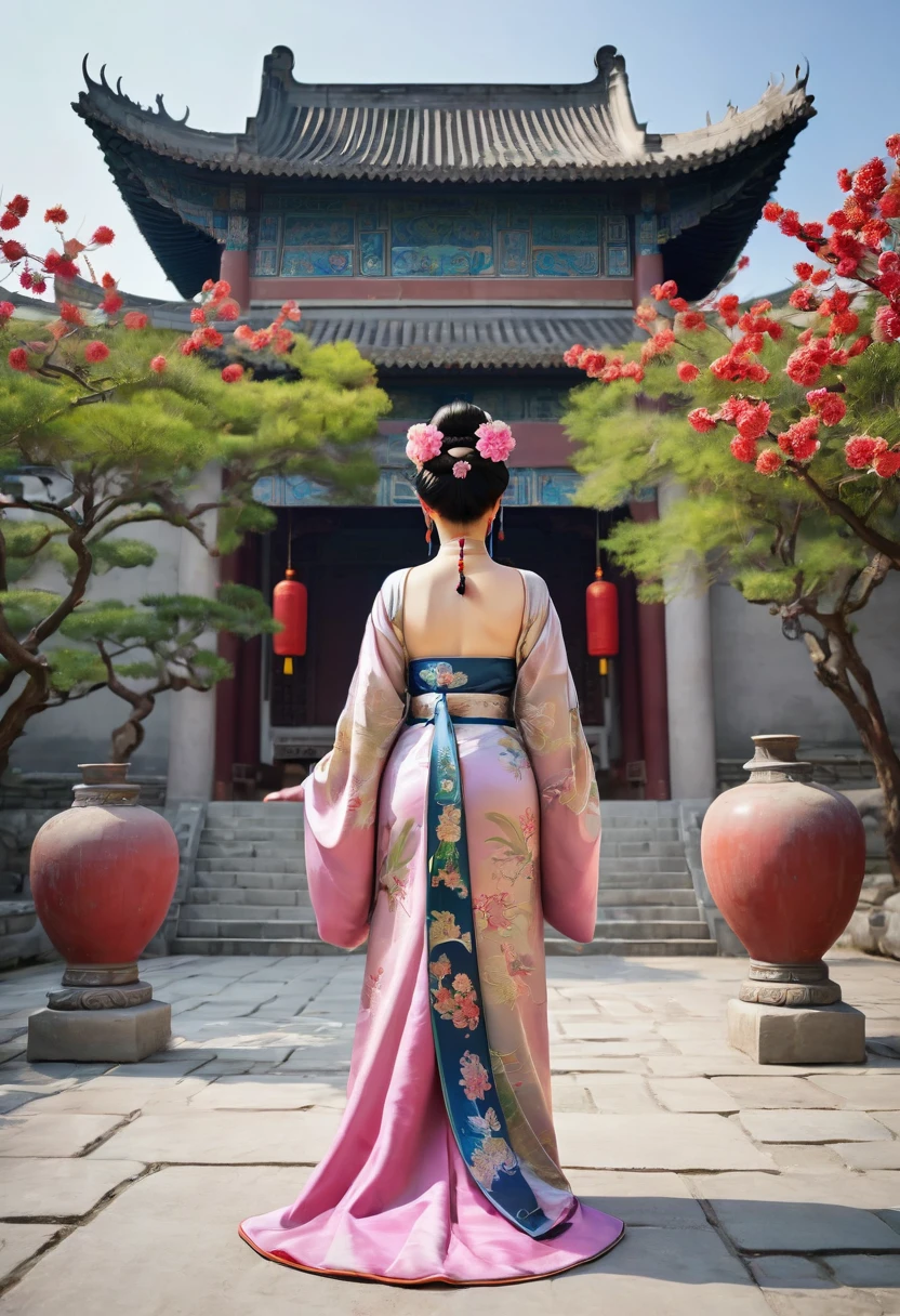 The image shows the back view of the empress of the Qing dynasty in China. Her large breasts and large bare buttocks are visible as her loincloth has slipped off. Her hair is tied up and pulled up, with a gorgeous flower ornament on both sides.、Chinese style Qing Dynasty empress crown background on stone pavement outside the Chinese palace of the Qing Dynasty
