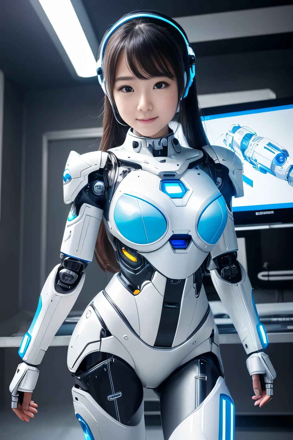 (highest quality, High resolution, masterpiece:1.2), Super detailed, realistic:1.37, (perfect anatomy),1 girl, actress, cowboy shot, Cute and beautiful Japanese girl body,super cute face, (Modified into a cyber robot),standing posture,laughter,beautiful eyes,beautiful skin,,(Futuristic and cute white and light blue satin cyber robot suit), attractive idol makeup,tied black hair，cute pose,The background is the interior of the cyborg operating room and the monitor screen..