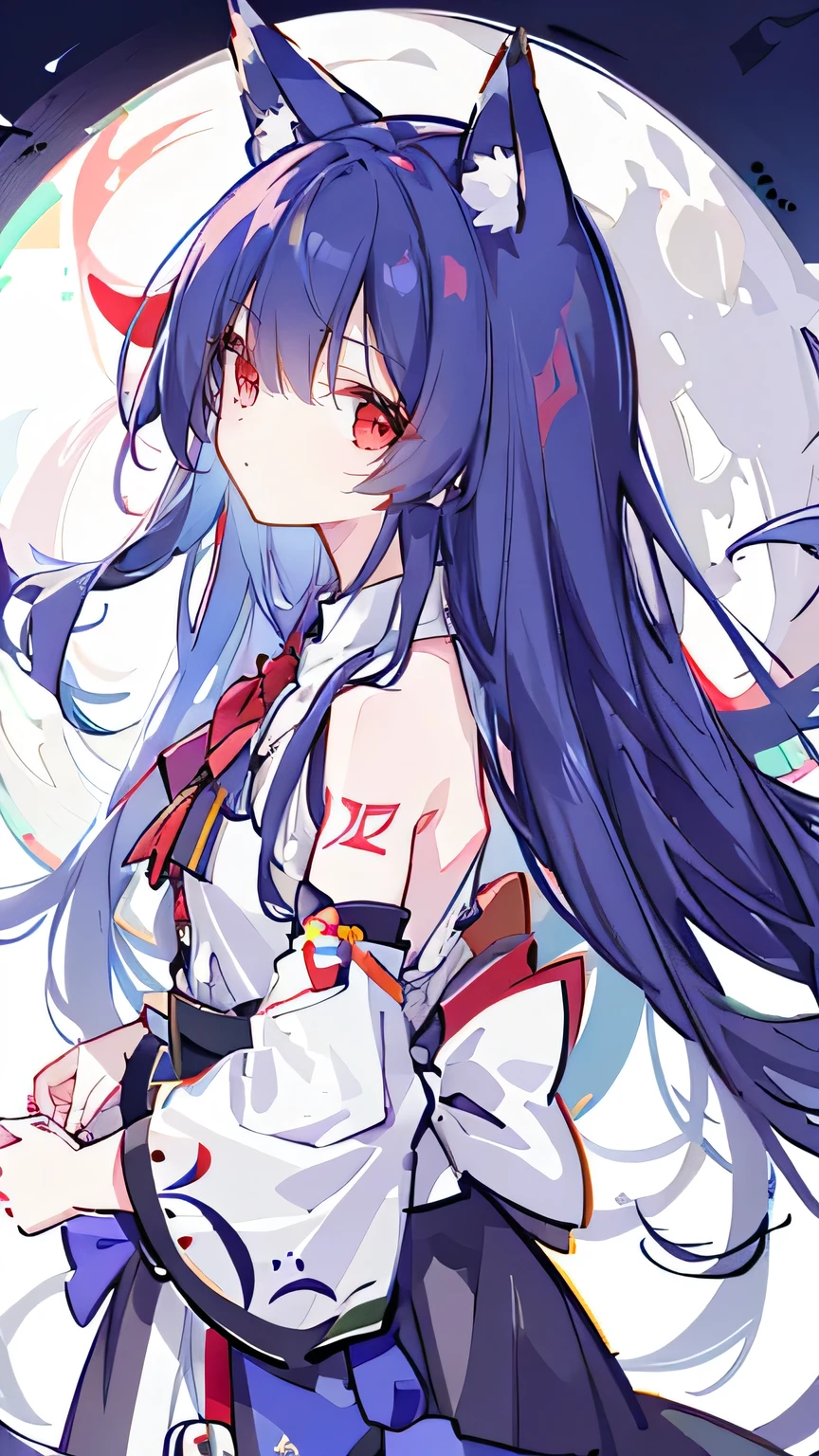 1girll, themoon, The bird, star_\(Skysky\), long_hair, starry_sky, ((Blue_hair))), critters, Wide_sleeves, natta, florals, night_sky, embrace, very_long_hair, full_moon, looking_at_viewer, ribbon_trim, Ribbon trimmed_sleeves, long_sleeves, a skirt, red_eyes, solo, japanese_clothes, Skysky,((medium)), ((Tattooed with))), fox ear, fox tails, girl fox,