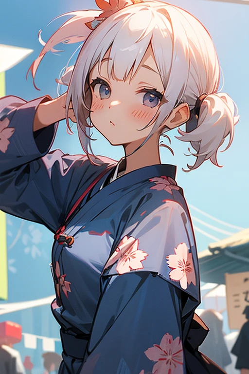 Short white hair, blush, (yukata)、Headbang 2.、(Navy blue clothes.Floral).Twin tails、sharp、(Summer festival)、