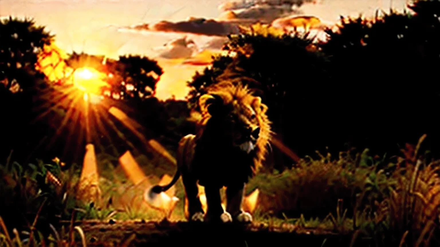 A mighty lion roars at sunrise, African savanna in the background --ar 16:9