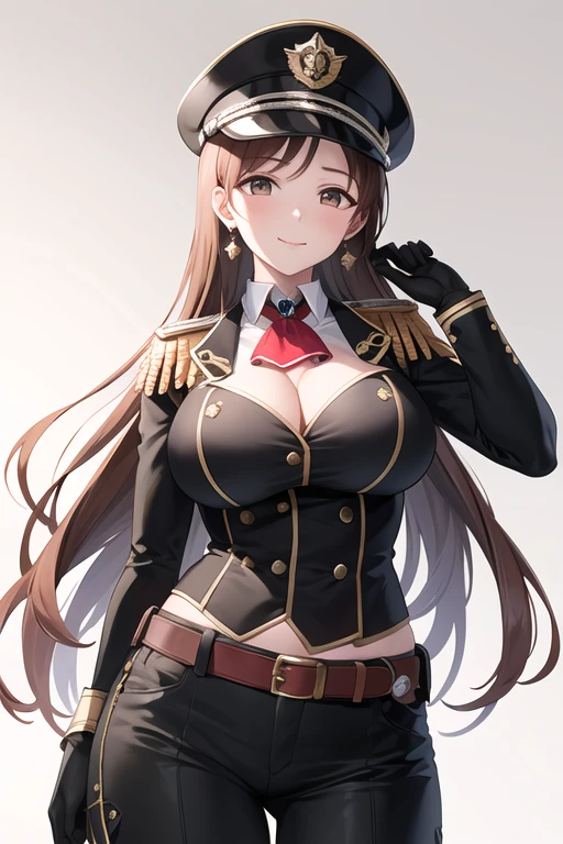 masterpiece, best quality, highres, aanitta, (very long hair), (black peaked cap), earrings, big breasts, cleavage, muscular body, military uniform, epaulettes, badges, (black shirt:1.2), (gold trim), (bulletproof vest), (red ascot), black sleeves, long sleeves, (black pants), utility belt, (belt pouches), cargo pants, (gloves), cowboy shot, standing, smile, closed mouth, facing the viewer, looking at the viewer, simple white background