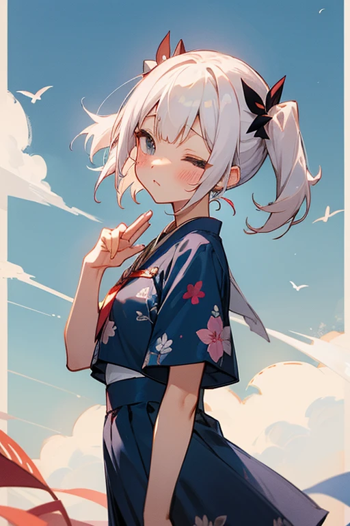 Short white hair, blush, (yukata)、Headbang 2.、(Navy blue clothes.Floral).Twin tails、sharp、(Summer festival)、