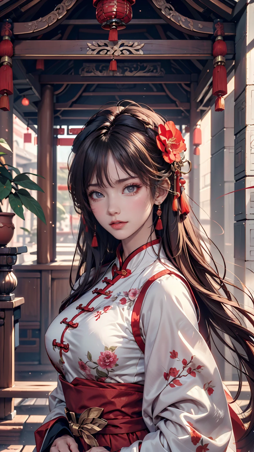 One girl,Upper Body,Fashionable Girl,China dress,Chinese clothing,Hair Flower,(masterpiece:1.4),(Highest quality:1.4),(Glowing Skin),Red lips,View your viewers,Large Breasts,Lips parted