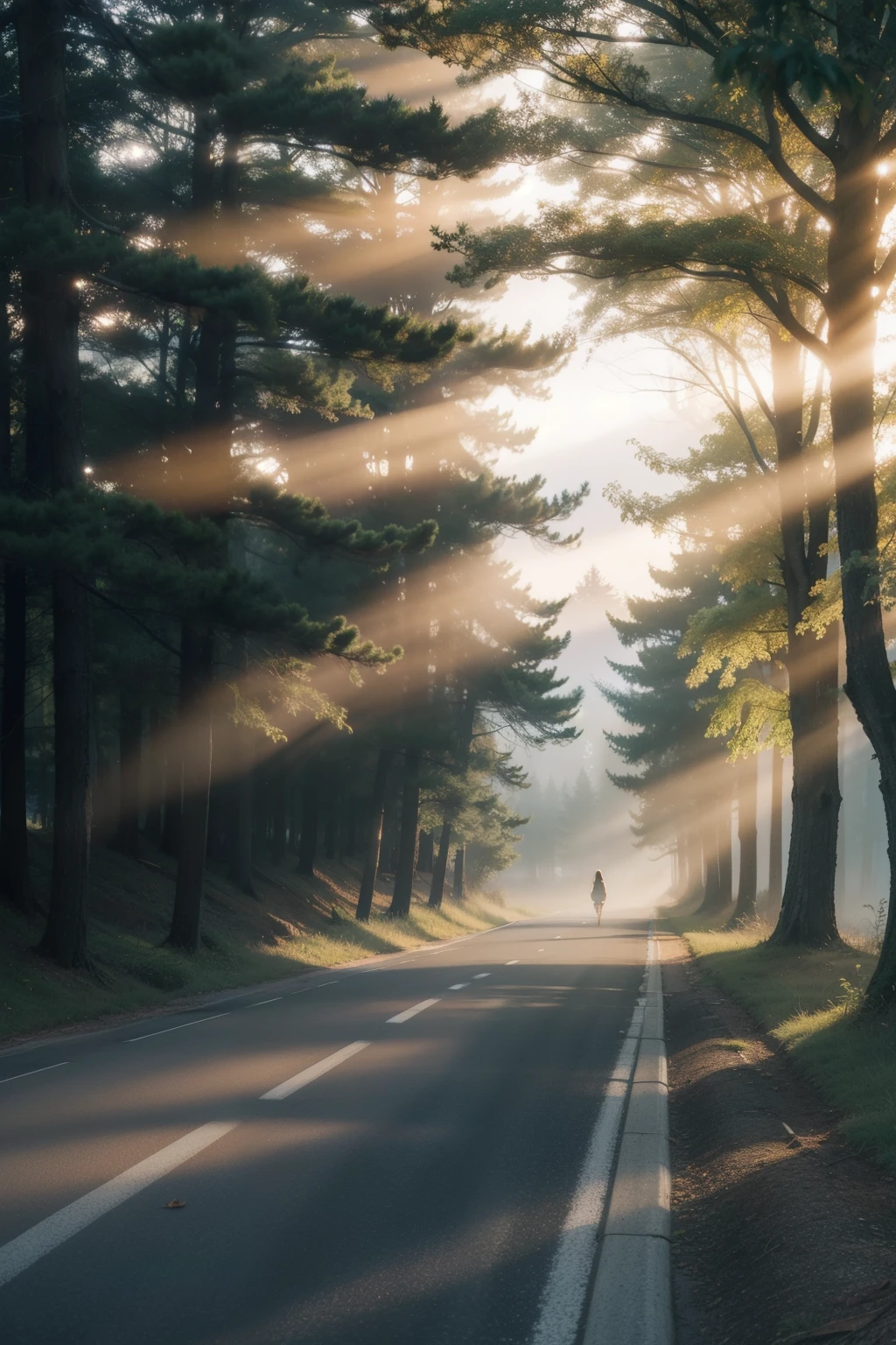 Misty Road under the soft glow of morning light, as the sun begins to break through the fog, casting delicate rays of light that dance and shimmer upon the damp, mist-covered asphalt. The road stretches out before you, offering a sense of solitude and tranquility, with trees lining the sides, their leaves shimmering with the moisture in the air. The mist gives a dreamlike quality to the scene, with the distant landscape barely discernible, yet the promise of a new day lingers in the air.