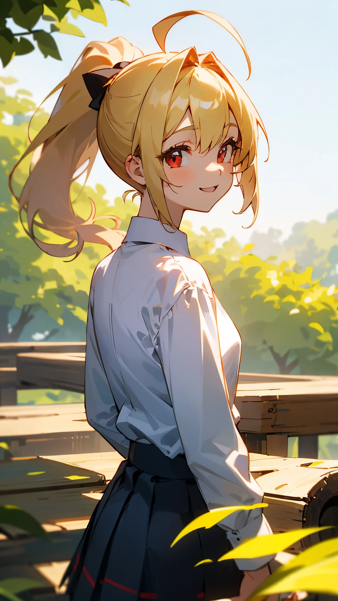 16-year-old girl、blonde、ponytail、Round red eyes、Ahoge、Small breasts、From the back、smile、white blouse shirt、Checked skirt、wood々Under the bright sunlight shining through、Sharp contours
