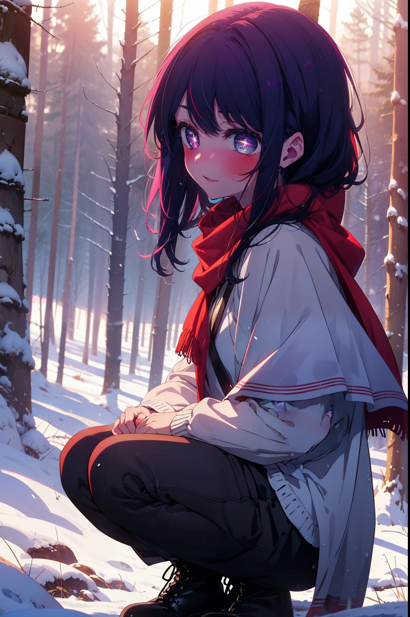 aihoshino, Ai Hoshino, Long Hair, bangs, (Purple eyes:1.1), Purple Hair, (Symbol-shaped pupil:1.5), smile,,smile,blush,white breath,
Open your mouth,snow,Ground bonfire, Outdoor, boots, snowing, From the side, wood, suitcase, Cape, Blurred, , forest, White handbag, nature,  Squat, Mouth closed, Cape, winter, Written boundary depth, Black shoes, red Cape break looking at viewer, Upper Body, whole body, break Outdoor, forest, nature, break (masterpiece:1.2), Highest quality, High resolution, unity 8k wallpaper, (shape:0.8), (Beautiful and beautiful eyes:1.6), Highly detailed face, Perfect lighting, Highly detailed CG, (Perfect hands, Perfect Anatomy),