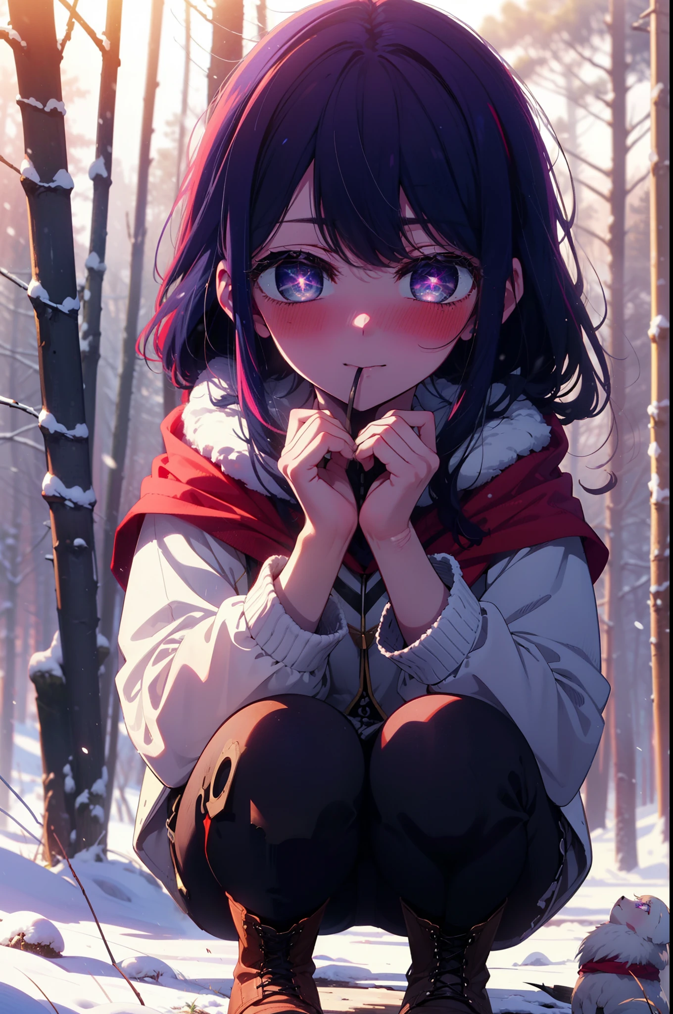 aihoshino, Ai Hoshino, Long Hair, bangs, (Purple eyes:1.1), Purple Hair, (Symbol-shaped pupil:1.5), smile,,smile,blush,white breath,
Open your mouth,snow,Ground bonfire, Outdoor, boots, snowing, From the side, wood, suitcase, Cape, Blurred, , forest, White handbag, nature,  Squat, Mouth closed, Cape, winter, Written boundary depth, Black shoes, red Cape break looking at viewer, Upper Body, whole body, break Outdoor, forest, nature, break (masterpiece:1.2), Highest quality, High resolution, unity 8k wallpaper, (shape:0.8), (Beautiful and beautiful eyes:1.6), Highly detailed face, Perfect lighting, Highly detailed CG, (Perfect hands, Perfect ???????),