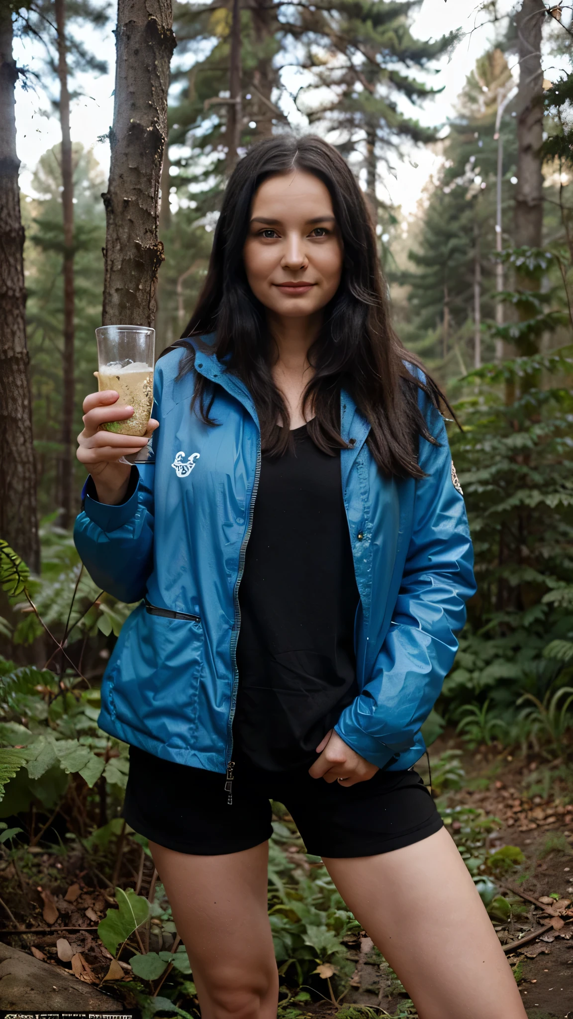 old russian woman, black hair, blue eyes, 43 years old, sport lover, smirk, collecting mushrooms in the forest, wearing