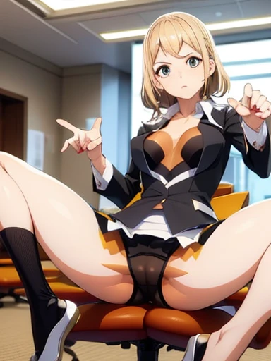 masterpiece,conference room,Five fingers,Blonde Hair,Black recruitment suit,Open blouse,Wearing a micro miniskirt,Spread your legs and make an inviting gesture,