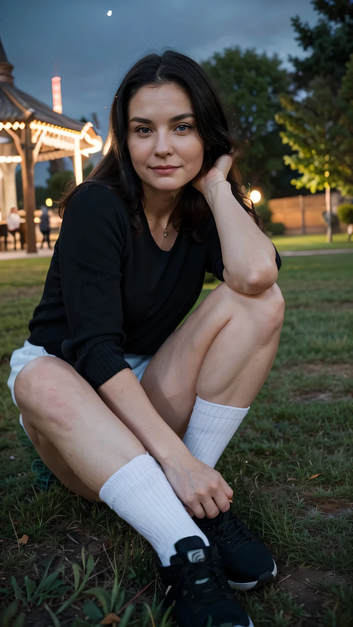old russian woman, black hair, blue eyes, 43 years old, sport lover, smirk, posing on the grass, night view, wearing