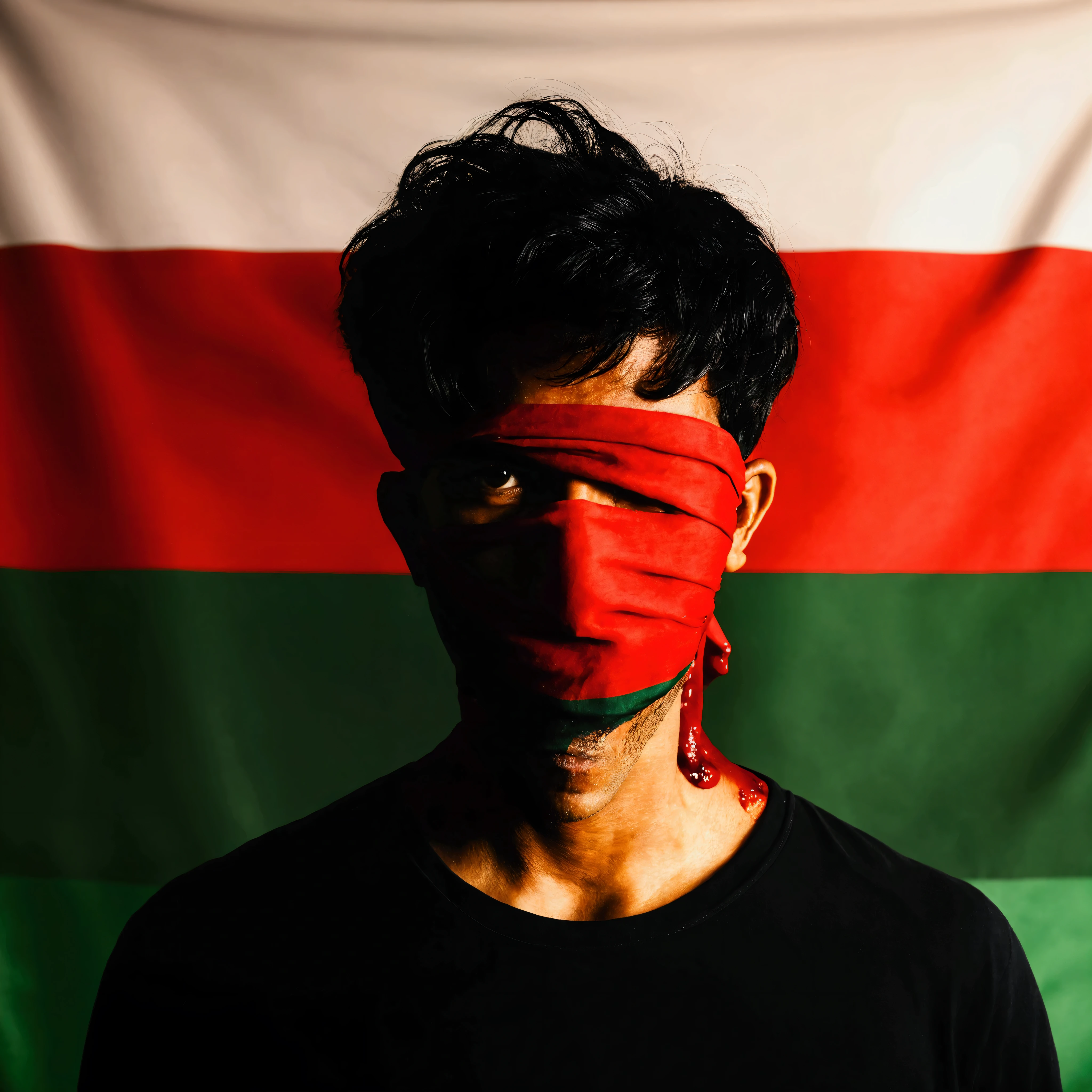 Man Standing in front of Bangladeshi flag background with red cloth and blood 