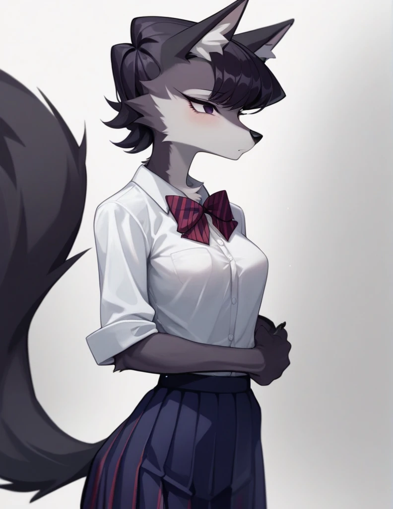 score_9,score_8_up,score_7_up, source_anime, source_furry, Anthro furry wolf girl, Komi Shouko, she is an Anthro furry black wolf, black furry body, wolf snout, black nose, tall and skinny, small breasts, wearing , at a Japanese school, 