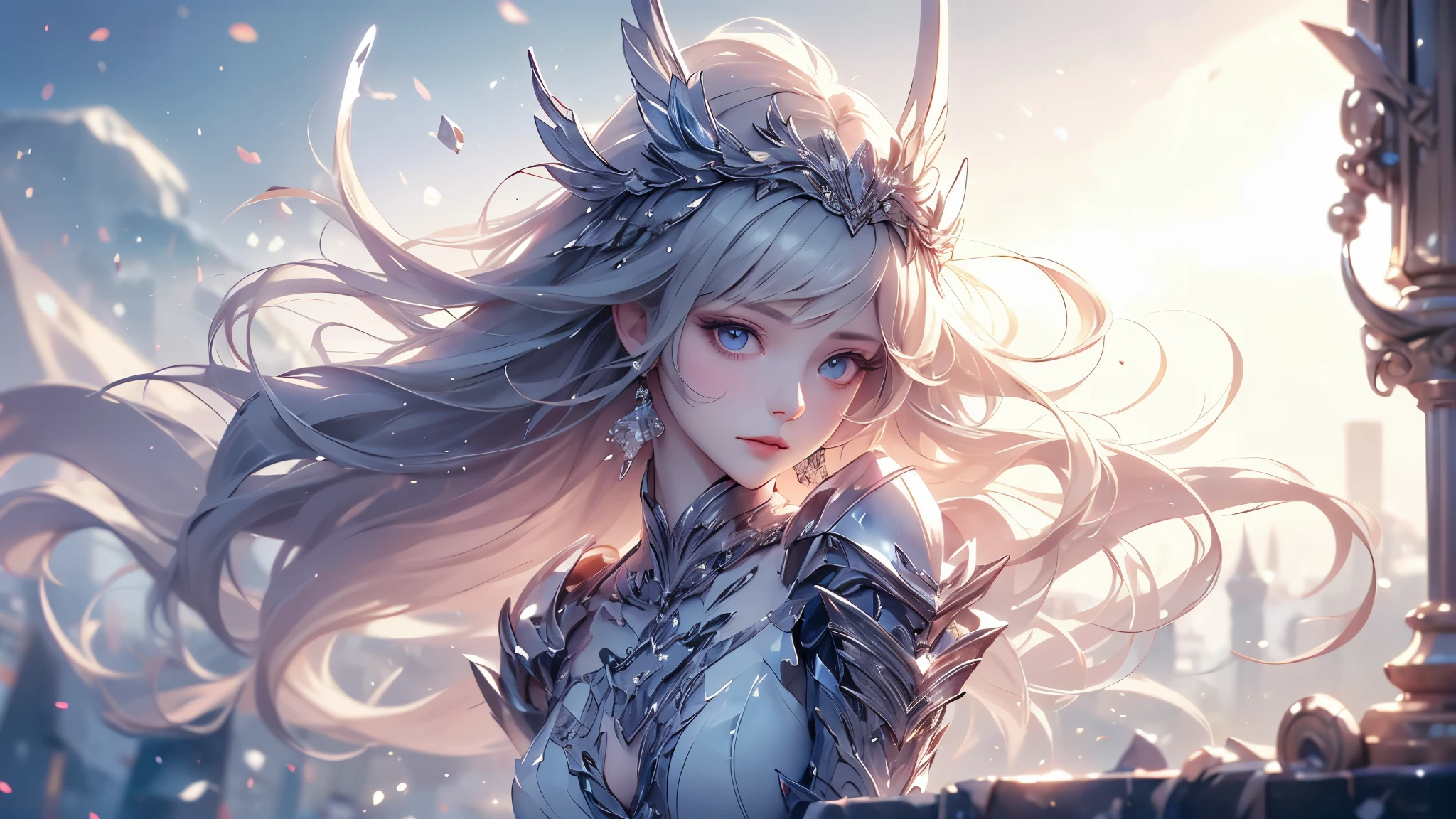 (((Tabletop))), (((Highest quality))), ((Very detailed)), (Very detailed写真), ((Very delicate and beautiful)),(Cute delicate face),here is a digital art of a very futuristic looking female that has armor and armss, One Girl, arms, alone, sf, Holding, Holding arms, robot,Beautiful face and eyes, double eyelid,Delicate skin,Slim figure、Dress and armor
