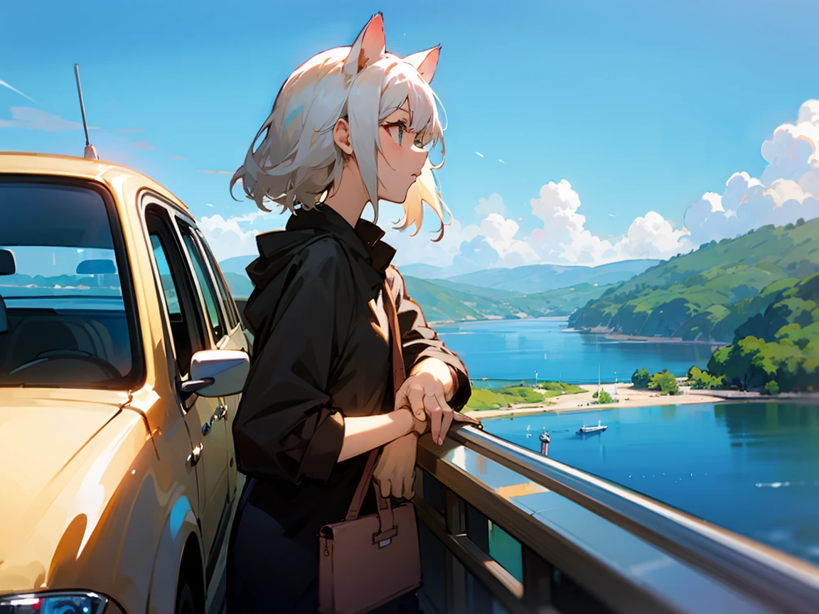 White-haired cat-eared girl、car、Cat Eyes、Blue sky、Anime atmosphere、View from the passenger seat、sunglasses、profile