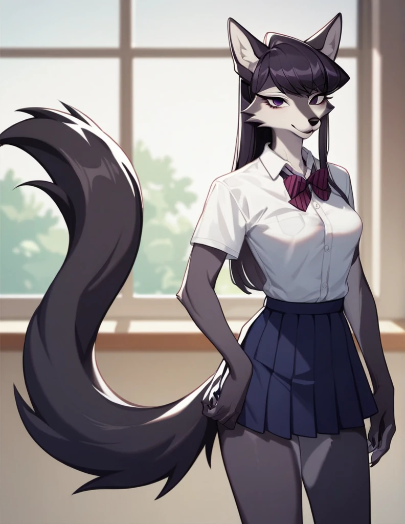 score_9,score_8_up,score_7_up, source_anime, source_furry, Anthro furry wolf girl, Komi Shouko, she is an Anthro furry black wolf, black furry body, wolf snout, black nose, tall and skinny, small breasts, wearing , at a Japanese school,