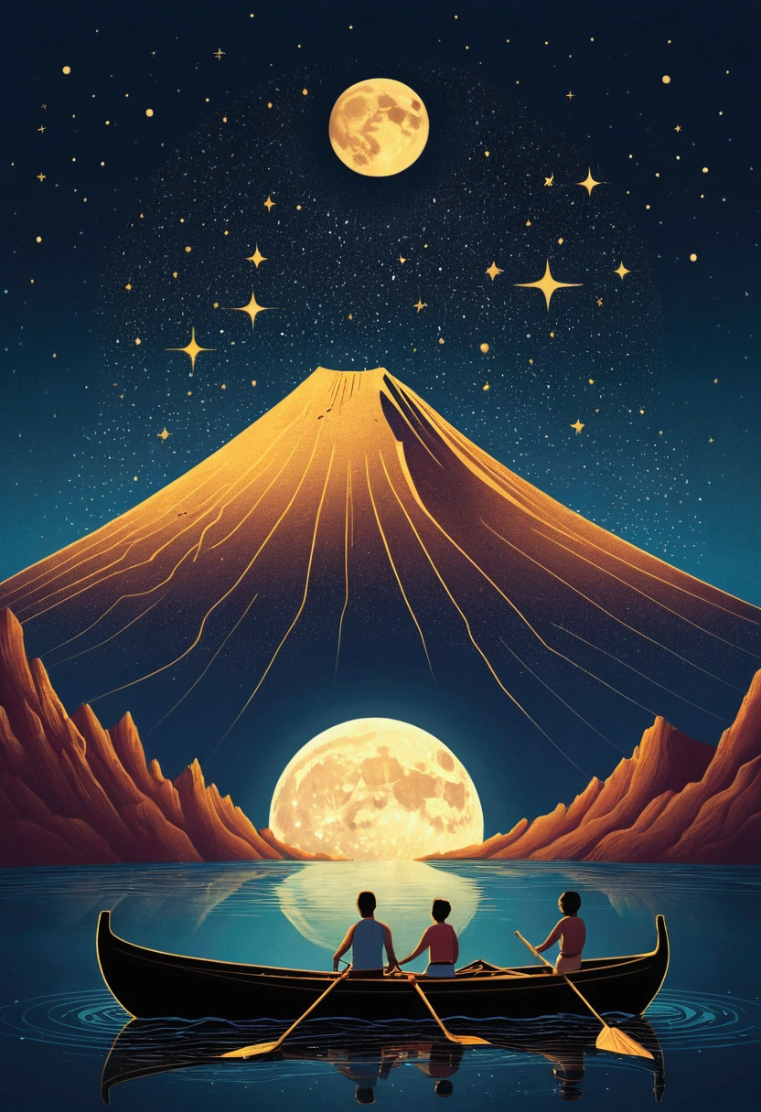 a gold moon with constellations behind a skewed volcanic mountain and a boat with a man, and woman rowing and a small boy holding a star looking at the moon rowing towards the horizon, in the style of retro-futuristic propaganda, animated gifs, logo, gold and midnightblue, subtle gradients, hurufiyya, tenwave