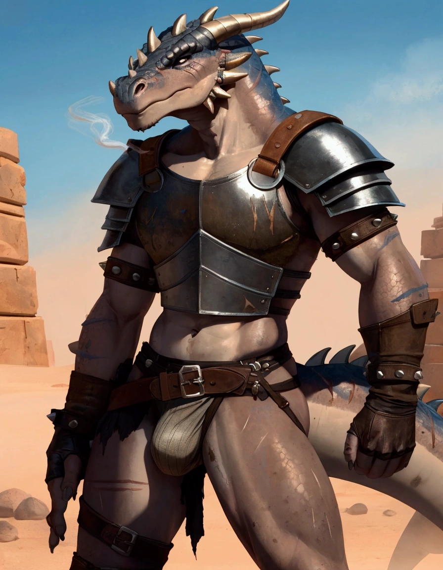 Solo Sexy anthro scalie dragon male mercenary medieval solider, slim endomorph muscular handsone model male apperance, sword scars, worn out rusty skimpy armament, low on hips heavy leather belt, old very worn out skimpy dirty linen material jockstrap, old yellow dirty worn out stains on white jockstrap, studded skimpy armlets breastplate armor, skimpy breastplate, leather bondages, fingerless leather gloves, smelly unwashed husk, dirty body look, desert battlefield, standing in sexy fighting position, close view of full character