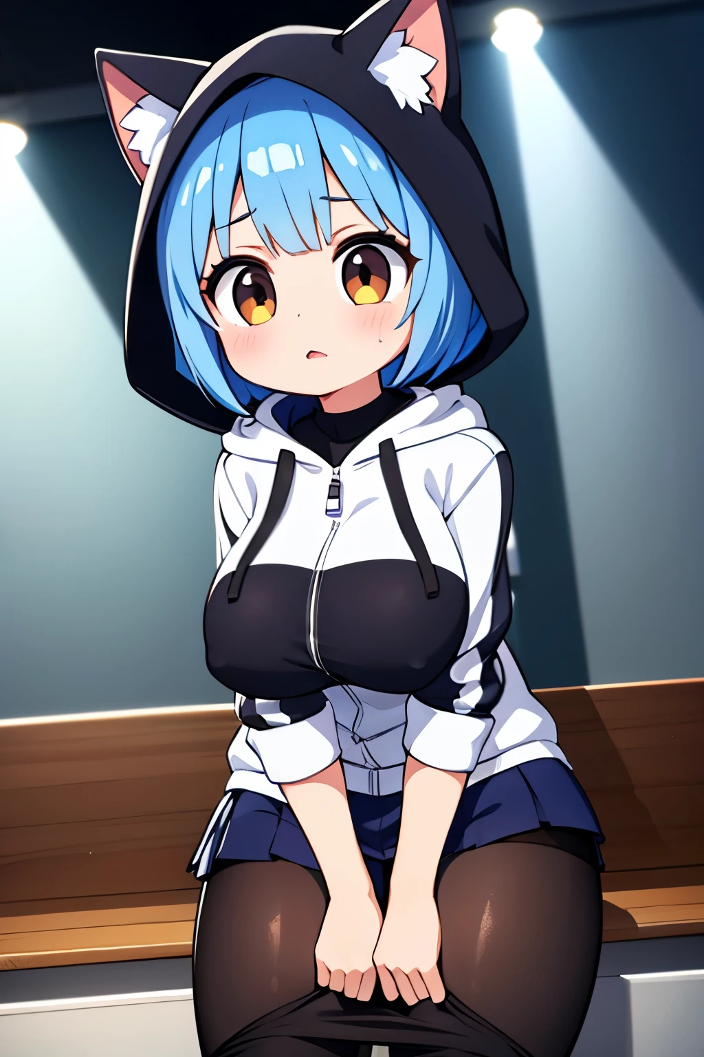 too Massive peeing, wet pussy wet her pants, incontinence, wearing a jacket with a hood made of animal ears and eyes, wearing a hood. no bra, no panty, black pantyhose with thighs visible, Panty shot, 1 girl, blue hair in short bob cut hair, dark brown eyes, lively, cheerful innocent, too large big emphasized breasts that show a lot of skin, boyish, cute, sporty, breasts that seem to stick out, too short miniskirt, high beams, facial massive cumshot,