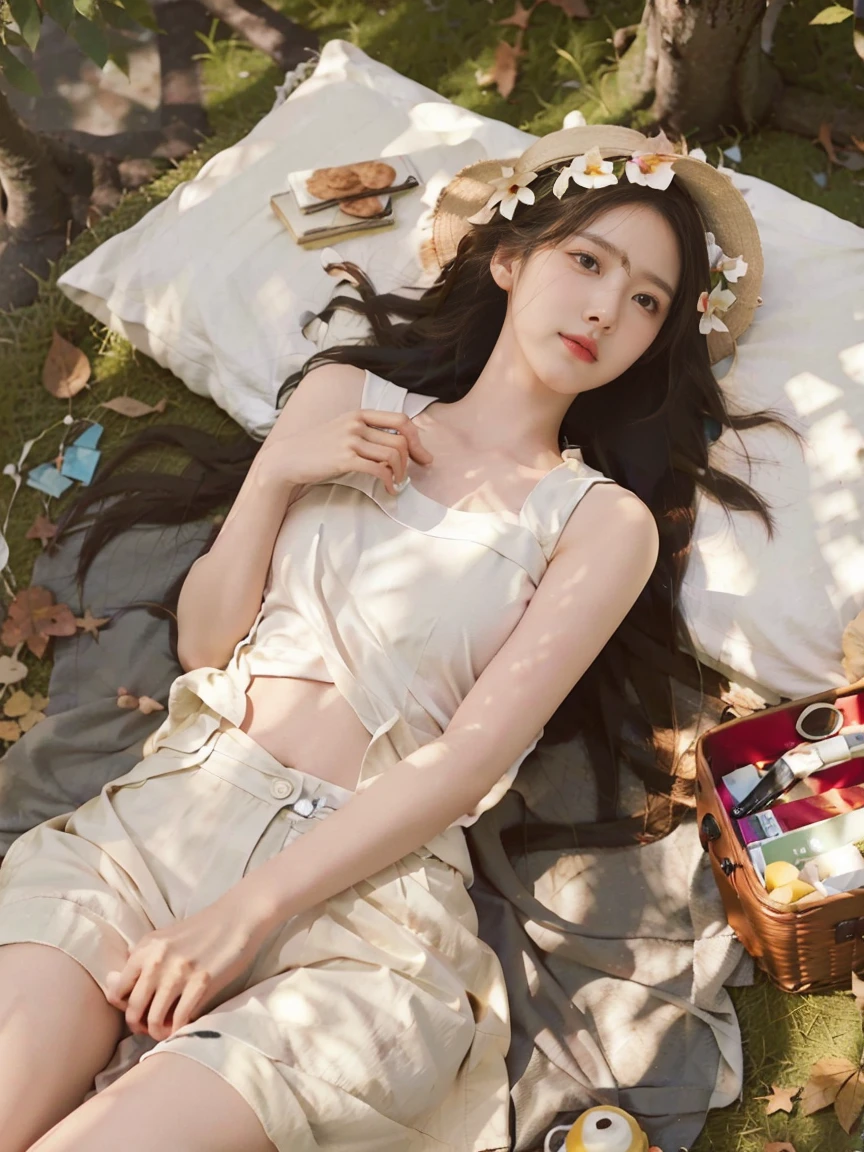 A beautiful girl with long, silky hair is lying on a lush green meadow. She wears a short white t-shirt and a pastel-colored mini skirt, giving her a lively and youthful appearance. She is comfortably resting, eyes closed, as if savoring a peaceful moment.

Around her, there are adorable picnic items: a wicker basket filled with fresh fruits, an open book, a straw hat, and a few soft, small pillows. Beside her, there's a refreshing pitcher of lemonade and a small blanket spread out for her to lie on. Soft sunlight filters through the tree leaves, casting gentle dappled shadows on the grass.

This scene evokes the feeling of a perfect summer afternoon, vibrant and serene, like a picturesque snapshot of a blissful and relaxing picnic day.