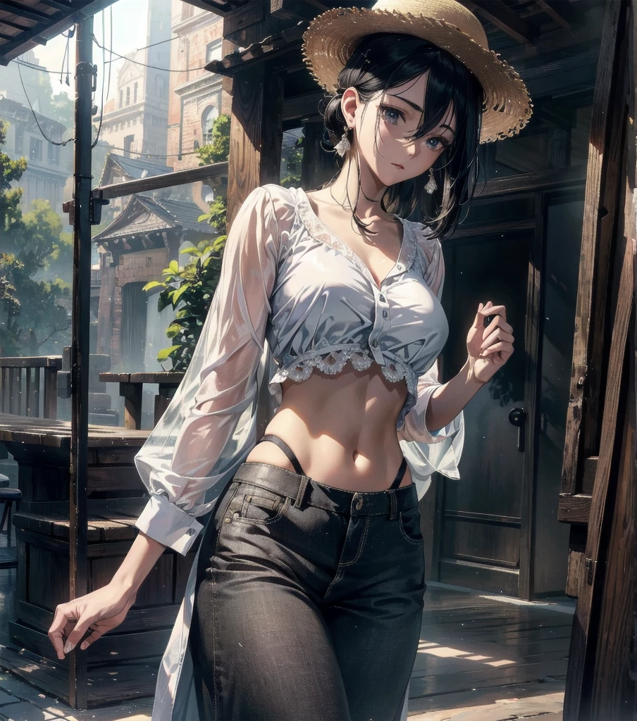 absurdres, RAW photo, extremely delicate and beautiful, masterpiece, Best Quality, ultra high resolution, 32k, hyperrealistic, ultra-detailed, Very detailed CG 8k wallpaper, detailed background, landscape, Beautiful Lighting, Perfect Lightning, Realistic Shadows, perfect anatomy, anatomically correct, perfect figure, Perfect Style, Perfect balance, super Detailed skin, in her 30s, very Slim body, narrow waist, very small head, very small face, delicate facial features, handsome detailed woman, very detailed eyes and face, realistic face proportions, Realistic beautiful face, Realistic beautiful eyes, tearful mole, earring, whole body shot, very huge round tits, medium hair, asymmetrical hair, indoor, casual, blouse, white shirt, buttoned shirt, bare shoulders, collarbone, midriff, navel, shorts, straw hat,