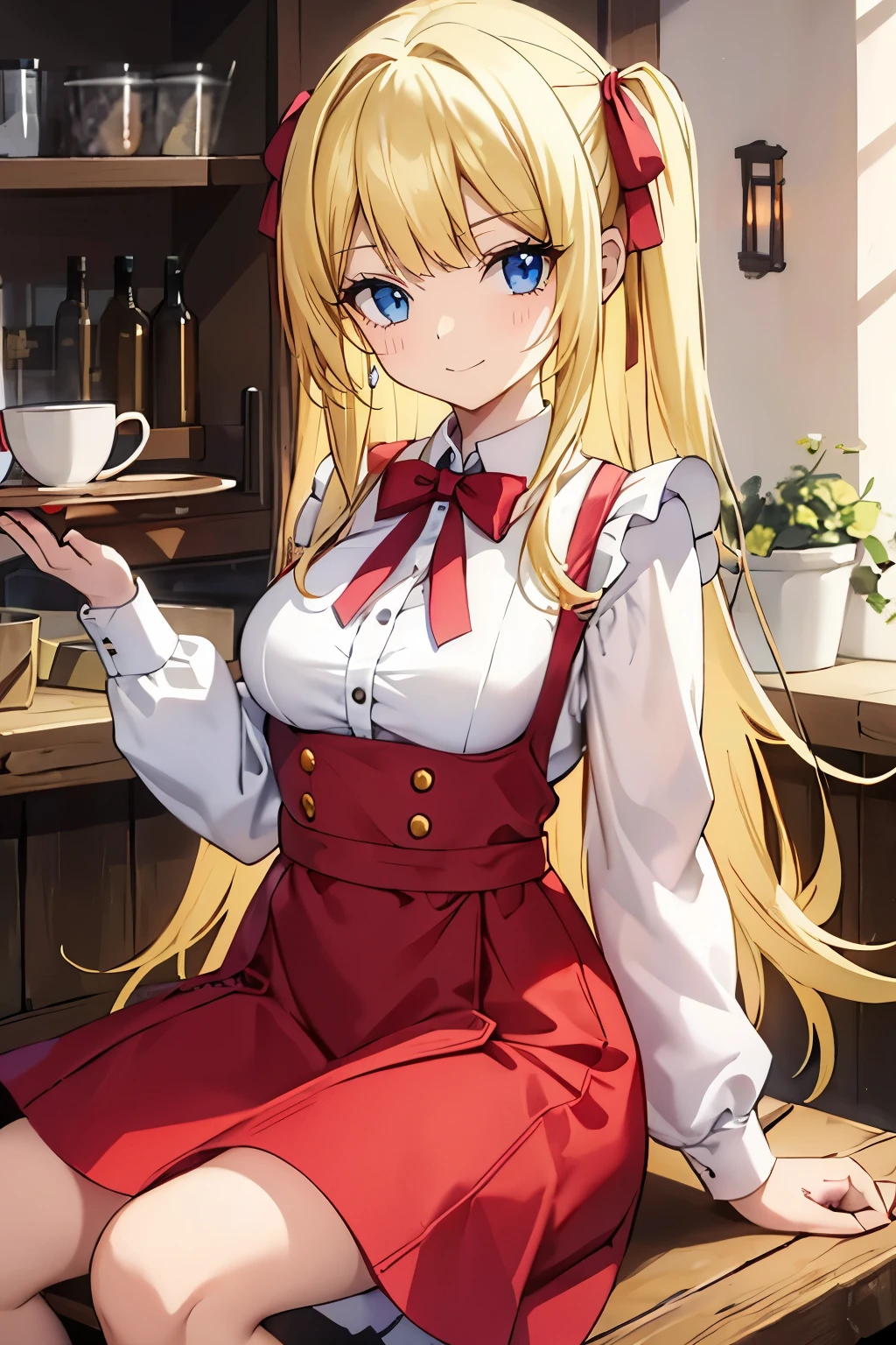 Safe for work, masterpiece, best quality, solo, 1 girl,   (young female body:1.4), ( medium breasts), golden yellow hair, extra long hair, blunt bangs, crystal blue eyes, very detailed eyes, sitting in a chair, elegant, smiling, cute girl, cowboy shot, coffee shop, restaurants background, apron dress, white and red apron dress, ribbons, bows, dark red apron, red dress