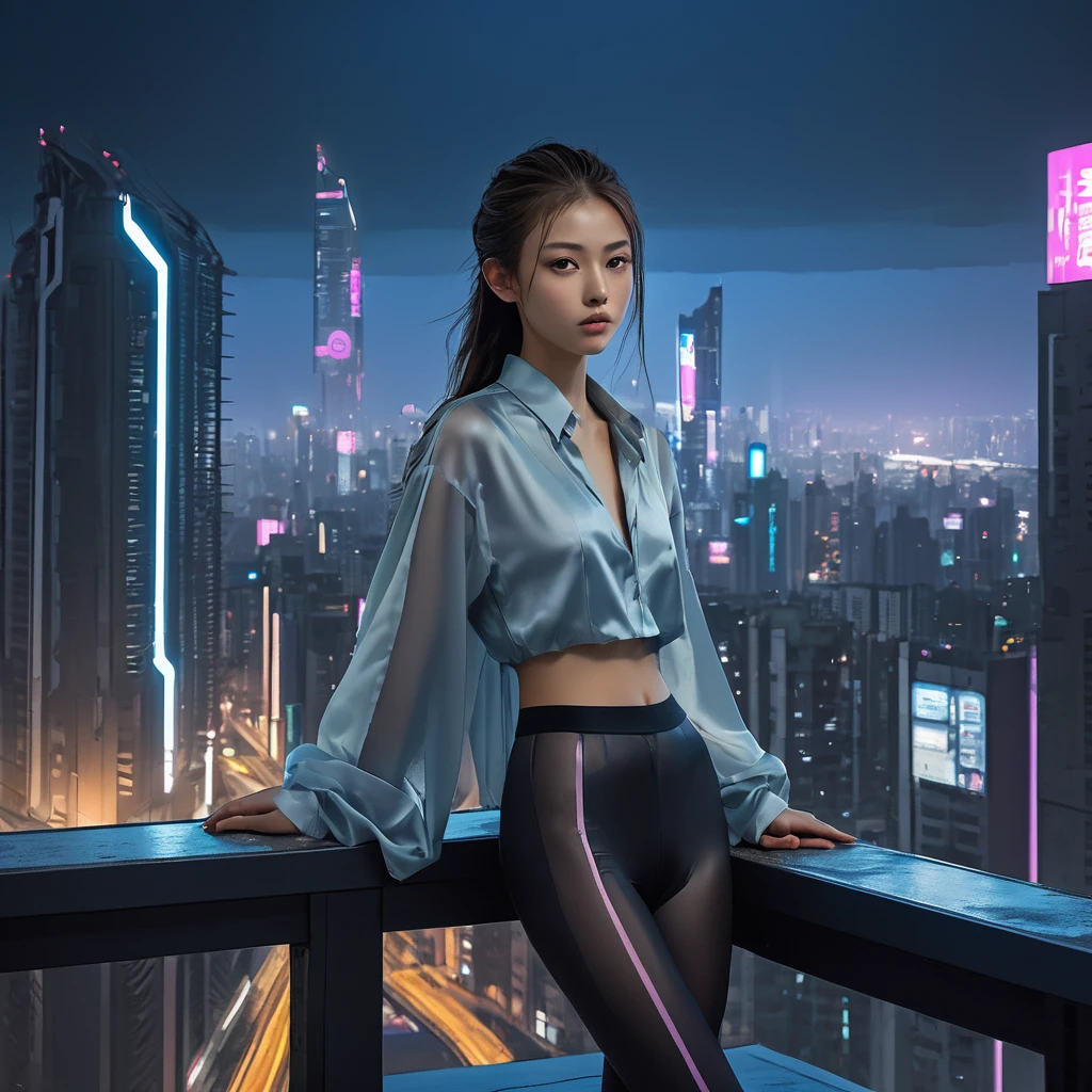 Top Quality, Masterpiece, High Resolution, 8k, (((cute skinny barely legal girl in oversized silk blouse and wetlook leggings, bare belly, wide neckline, deep neckline, small perky breasts, beautiful detailed eyes, beautiful detailed lips, small closed mouth, extremely detailed face, long ponytail hair, small hips))), cyberpunk apartment, moody atmosphere, dramatic and random neon colors, futuristic setting, intricate details, at night, backlit, full body shot, view from distance