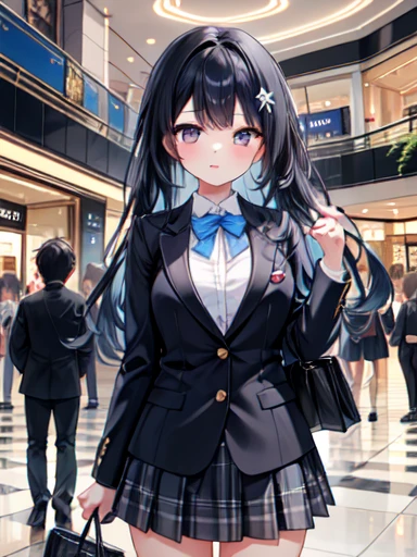 (masterpiece, Highest quality, An illustration), One girl, Large Breasts, (Iris, Long black hair, Barrette), clavicle, (blazer, Blue Shirt, Checked skirt), mall, Multiple Girls, Several boys, Are standing