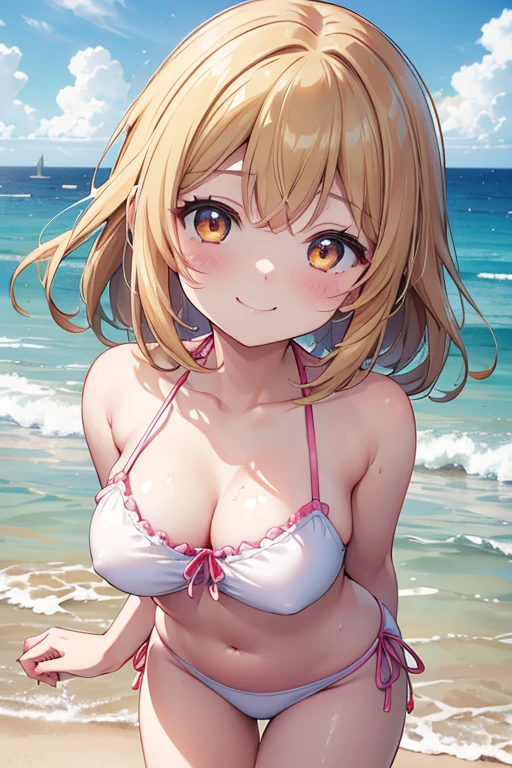 (Highest quality、masterpiece:1.2)、One Girl、alone、anime、animeScreencap、Light Racing、Global Illumination、ultra hi resolution picture、Bright colors、Cinematic Light、Light on the face、Glowing Eyes、Depth of written boundary、Detailed Background、cute、Straight、smile、looking at the camera、Hanamaru the kunikida、lovelive、cute、Yellow Bikini、Brown Hair、Golden Eyes、whole body、Outdoor、Ocean、Sandy Beach、Big Breasts