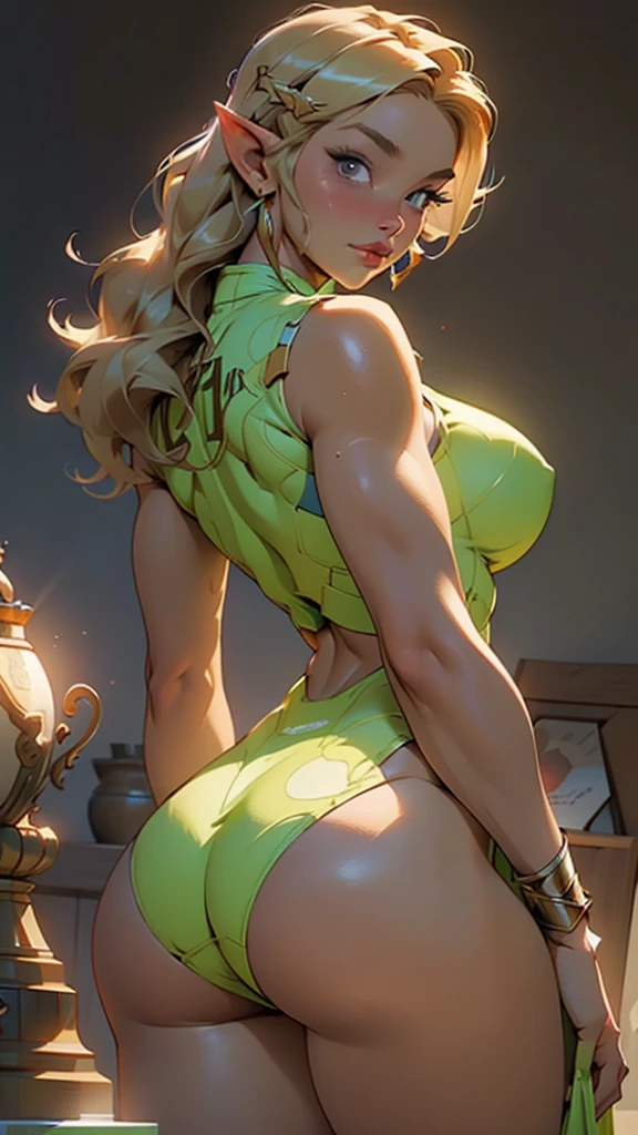 Princess Zelda flaunting her voluptuous big booty, (((beautiful))), blonde, (((oily brown skin))), flirty, great aesthetics, ((well proportioned body)), looking back at viewer, (((award winning photo))), ((highly detailed)), extremely detailed CG, perfect anatomy, sharp focus, glamor booty shot,
