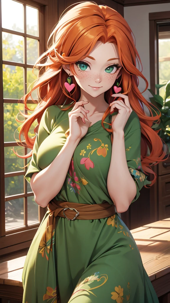 (masterpiece), (4k), )vivid colors), (evening light) 38 year old woman with ginger hair green eyes heart shaped face with freckles dressed as a hippie housewife
