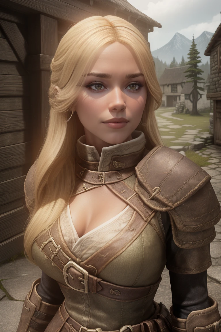1 girl, masterpiece, 32 yo, femalebreton beauty sits outdoors in a rustic Skyrim village, surrounded by thatched roofs and lush greenery. The sun casts a warm glow on her porcelain skin as she gazes directly into the camera lens, her piercing green eyes sparkling with a hint of mischief. Her raven tresses cascade down her back like a waterfall, framing her heart-shaped face. A gentle smile plays on her lips, inviting the viewer to step into her whimsical world. blonde hair, fit body, Skyrim style, (female front view:1.3), looking at the viewer.,wearing light armor, femalebreton
