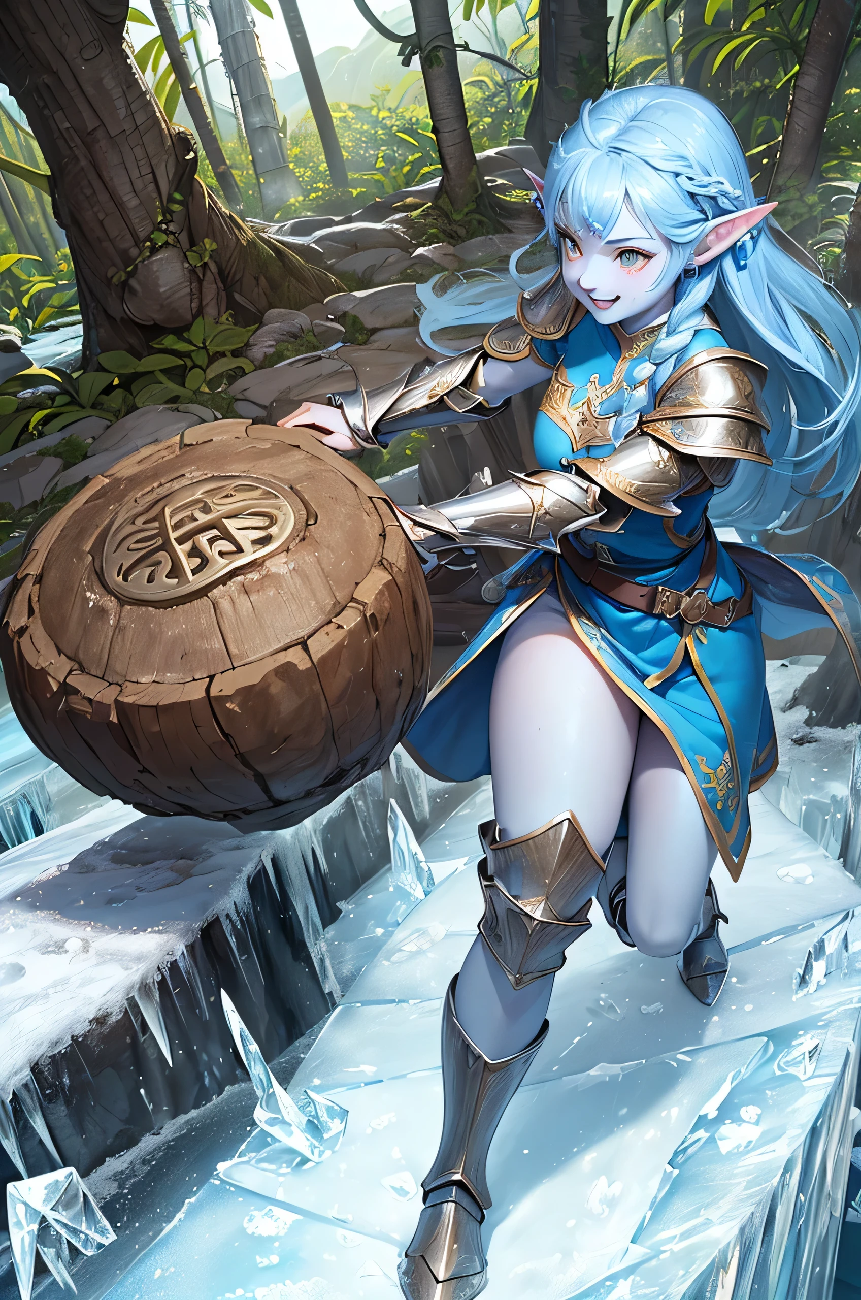 ((best quality)), ((masterpiece)), (detailed), ((((1girl)))), ((frozen princess)), (((blue skin))), (((elf ears))), ((yellow eyes)), (((brown tunic))), ((24 years old)), ((perfect fingers)), ((( jungle background))), ((fighting stance)), ((big smile)), (((perfect face))), (small breast), (((strong girl))), (((ice maiden))), (((shiva armor))), (((beautiful girl))), (((long icy hair))), 