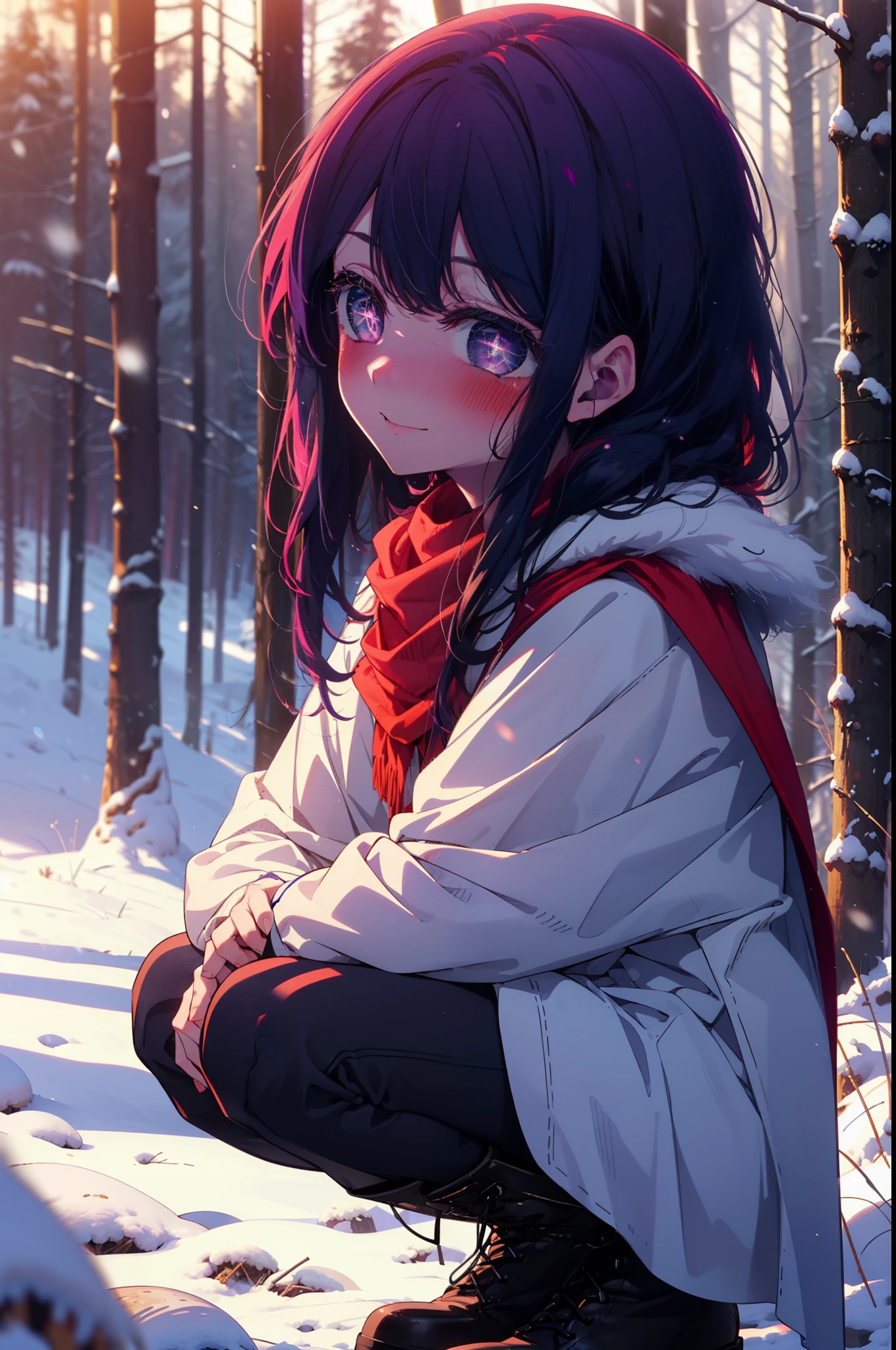 aihoshino, Ai Hoshino, Long Hair, bangs, (Purple eyes:1.1), Purple Hair, (Symbol-shaped pupil:1.5), smile,,smile,blush,white breath,
Open your mouth,snow,Ground bonfire, Outdoor, boots, snowing, From the side, wood, suitcase, Cape, Blurred, , forest, White handbag, nature, Squat, Mouth closed, Cape, winter, Written boundary depth, Black shoes, red Cape break looking at viewer, Upper Body, whole body, break Outdoor, forest, nature, break (masterpiece:1.2), Highest quality, High resolution, unity 8k wallpaper, (shape:0.8), (Beautiful and beautiful eyes:1.6), Highly detailed face, Perfect lighting, Highly detailed CG, (Perfect hands, Perfect Anatomy),