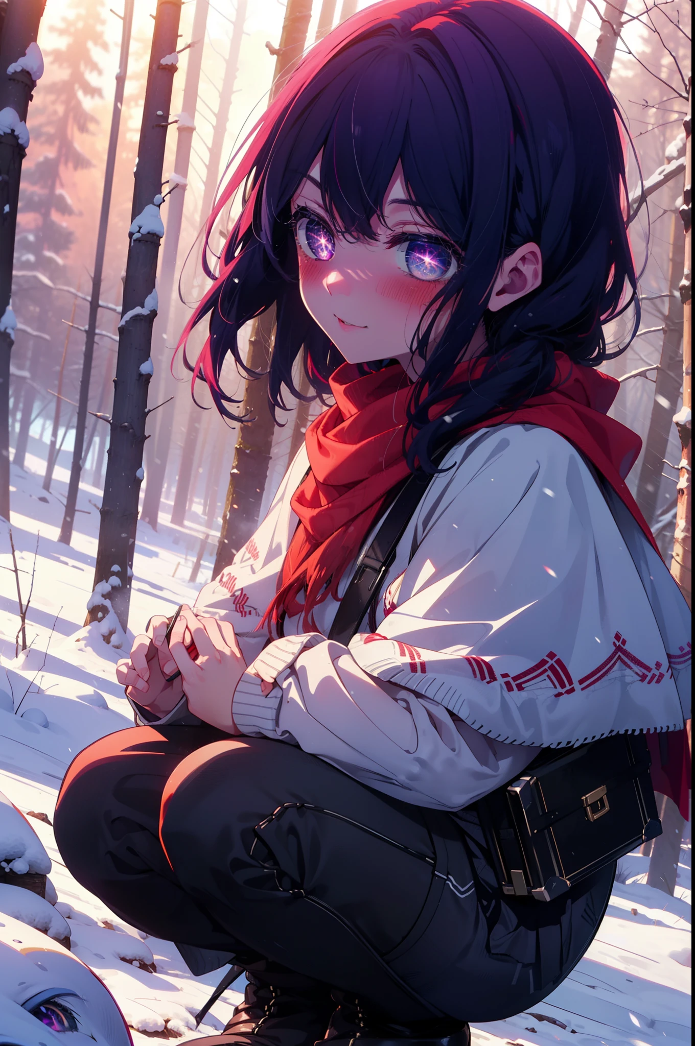 aihoshino, Ai Hoshino, Long Hair, bangs, (Purple eyes:1.1), Purple Hair, (Symbol-shaped pupil:1.5), smile,,smile,blush,white breath,
Open your mouth,snow,Ground bonfire, Outdoor, boots, snowing, From the side, wood, suitcase, Cape, Blurred, , forest, White handbag, nature,  Squat, Mouth closed, Cape, winter, Written boundary depth, Black shoes, red Cape break looking at viewer, Upper Body, whole body, break Outdoor, forest, nature, break (masterpiece:1.2), Highest quality, High resolution, unity 8k wallpaper, (shape:0.8), (Beautiful and beautiful eyes:1.6), Highly detailed face, Perfect lighting, Highly detailed CG, (Perfect hands, Perfect Anatomy),